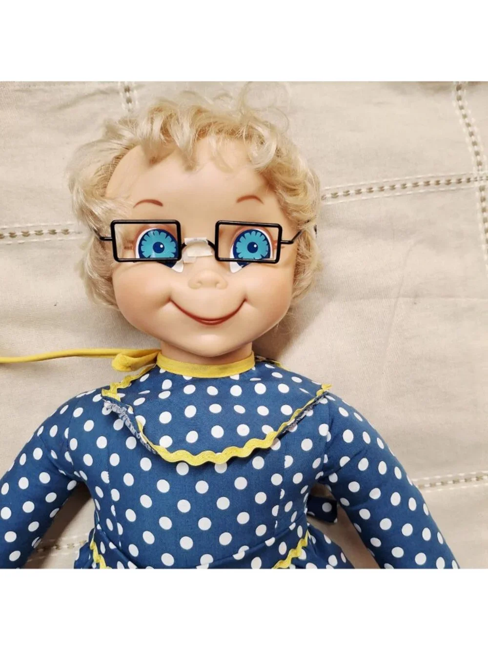 Vintage 2000 Mattel Mrs. Beasley Talking Doll Blue Polka Dot Dress & Yellow Shoe